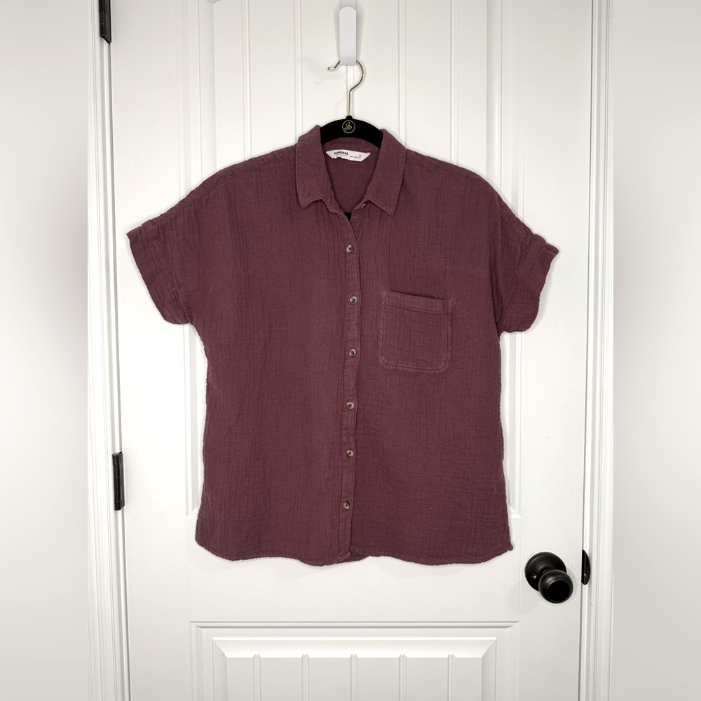 Sonoma Casual Mauve Button-Up Short Sleeve Collar Shirt